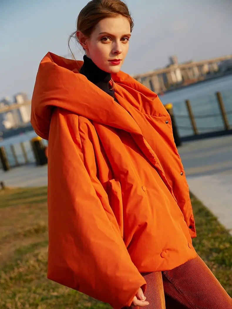 Winter Women's Parkas Fashion Tide Loose Fluffy Orange Red Oversized Down Jacket New Hooded Long Sleeve Warm Coats