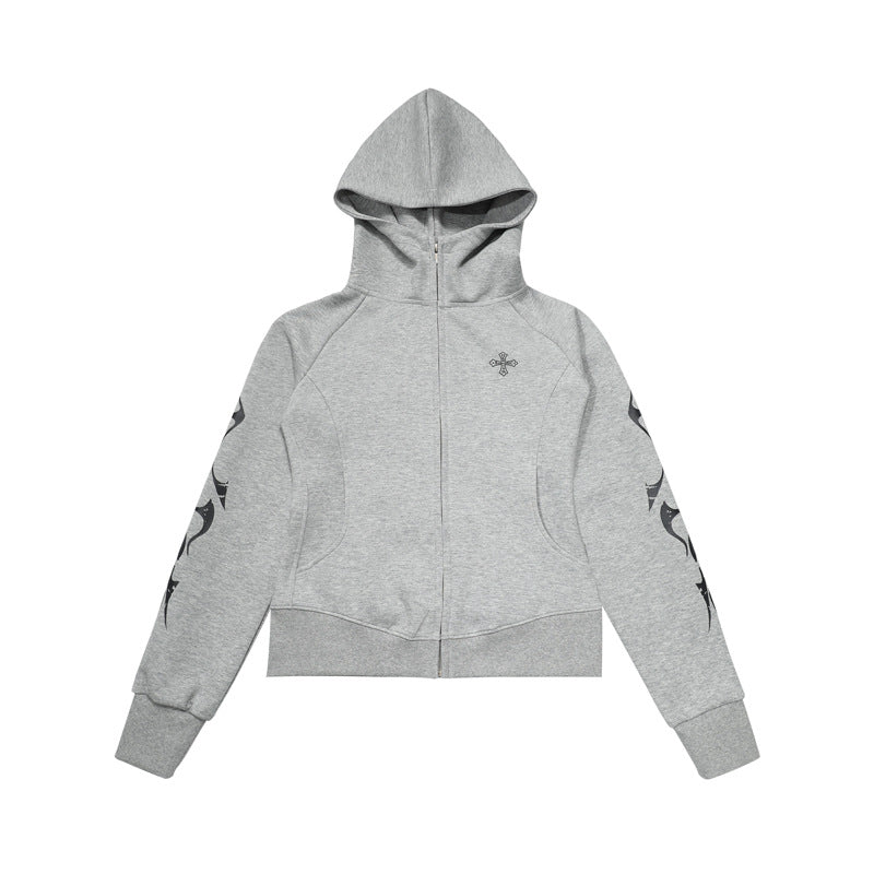 Vintage Gothic Style Hooded Sweatshirt Streetwear Casual Fitted Slim Fit Short Zip-Up Hoodie Jacket