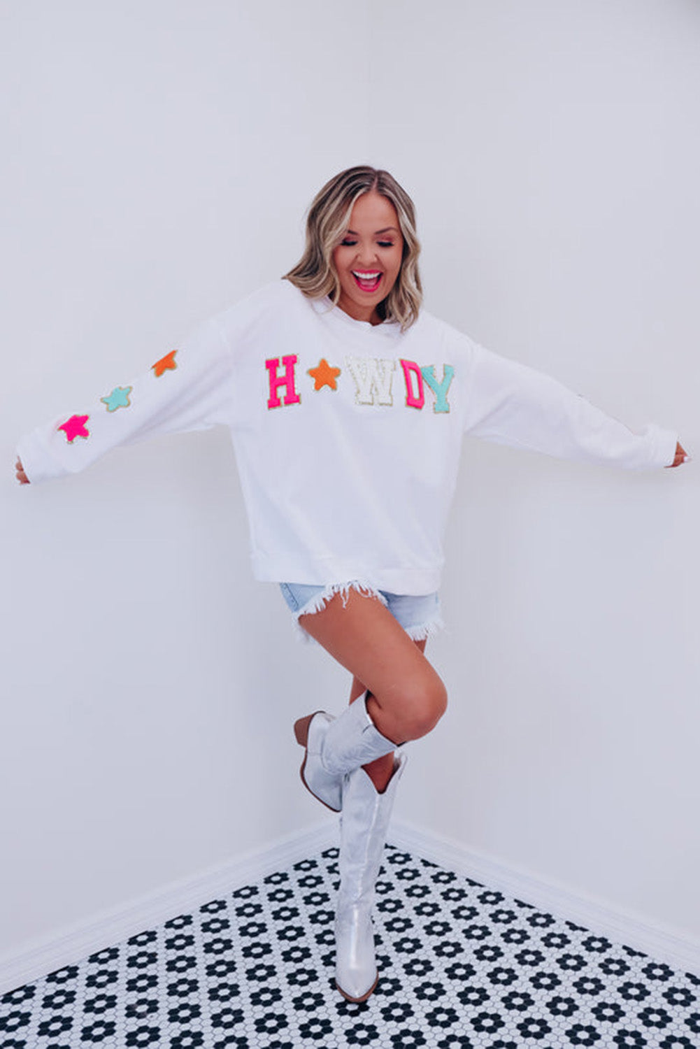Black Howdy Glitter Chenille Patch Graphic Casual Sweatshirt