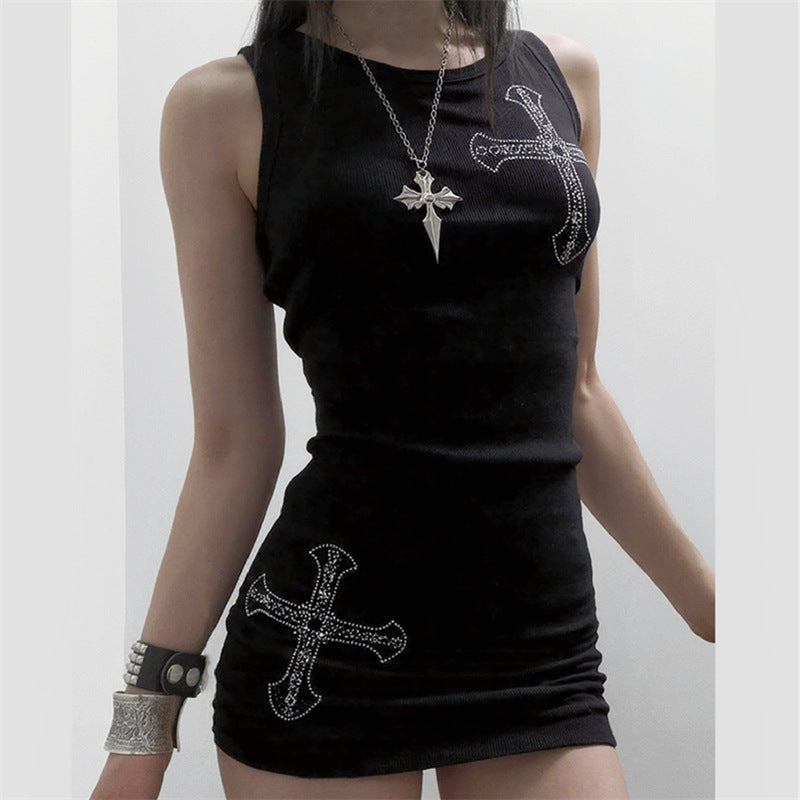 Women's Cross Rhinestone Sleeveless Fitted Bodycon Dress