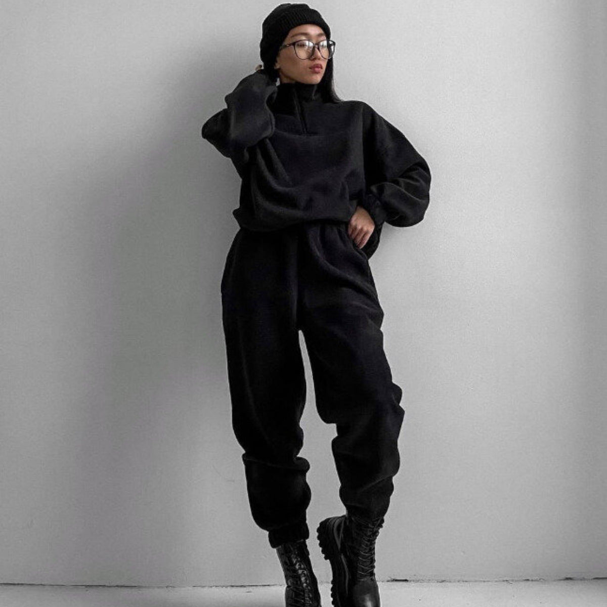 Fashion Casual Loose Zipper Stand Collar Hoodie Two-Piece Set for Women