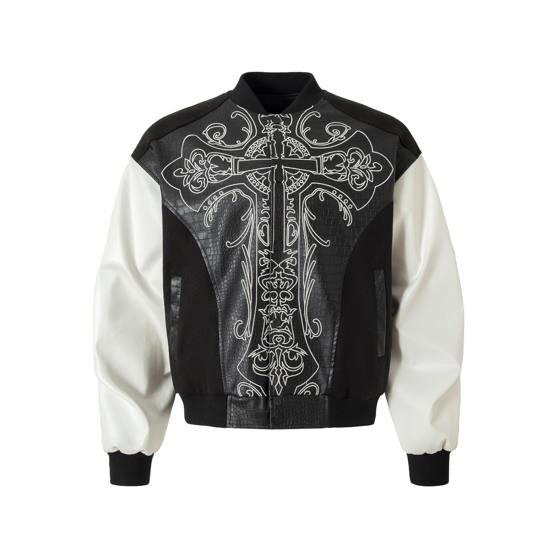 Cross embroidered patchwork leather jacket