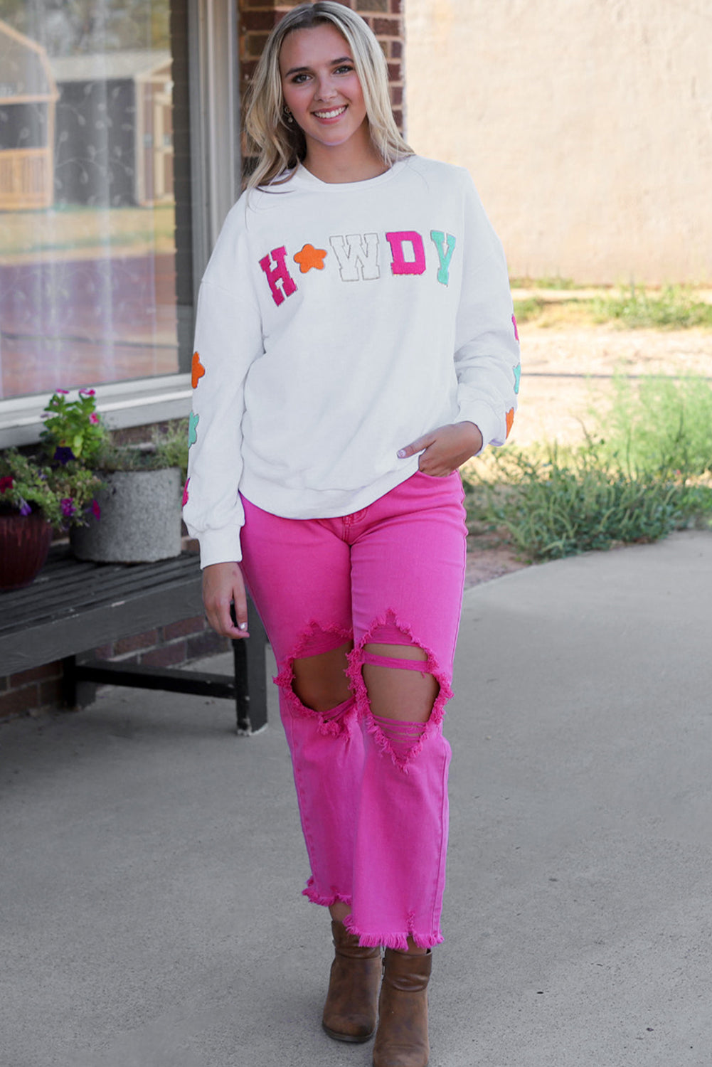Black Howdy Glitter Chenille Patch Graphic Casual Sweatshirt