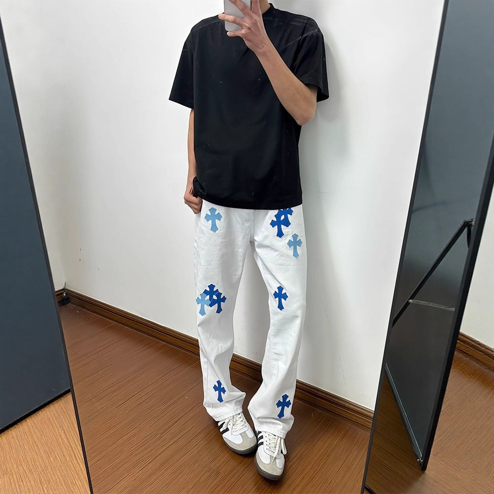 Street Style White Flared Jeans for Men, Autumn Fashion Brand Cross Pendant Pants Slim Fit Straight Leg Tapered Design