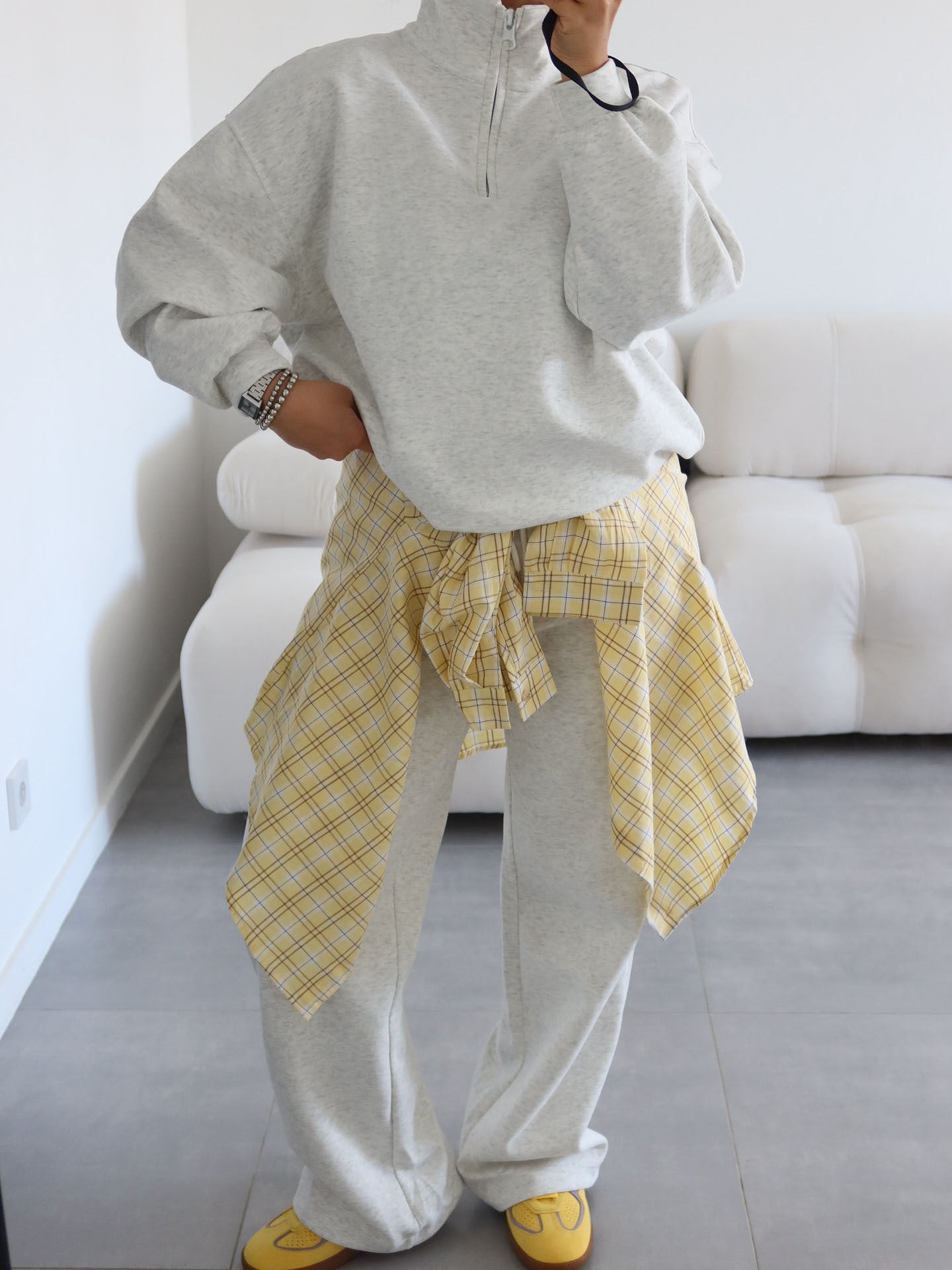 Fashion Half-Open Neck Long Sleeve Hoodie and Pants Casual Set Oversized Pullover with Tie Waist Sweatpants Two-Piece Set, Cotton
