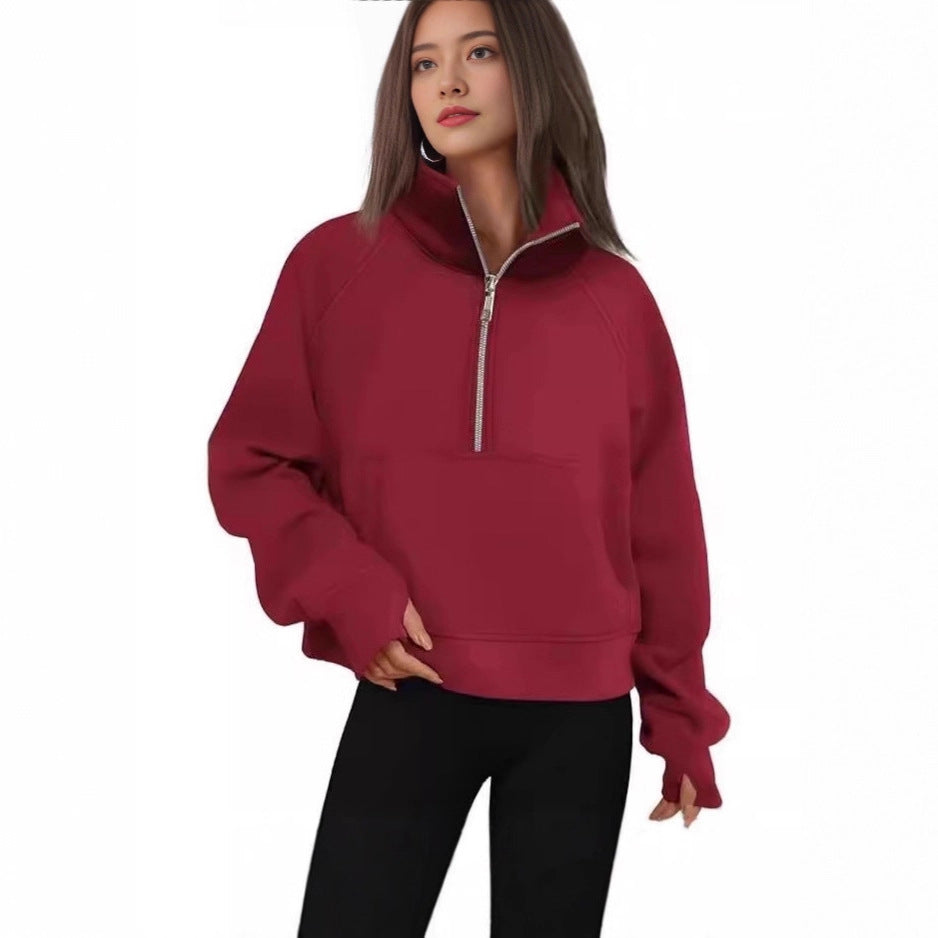 Fashionable Women's Autumn/Winter Fleece Pullover with Raglan Sleeves Loose Fit Stand-Up Collar Half-Zip Hoodie
