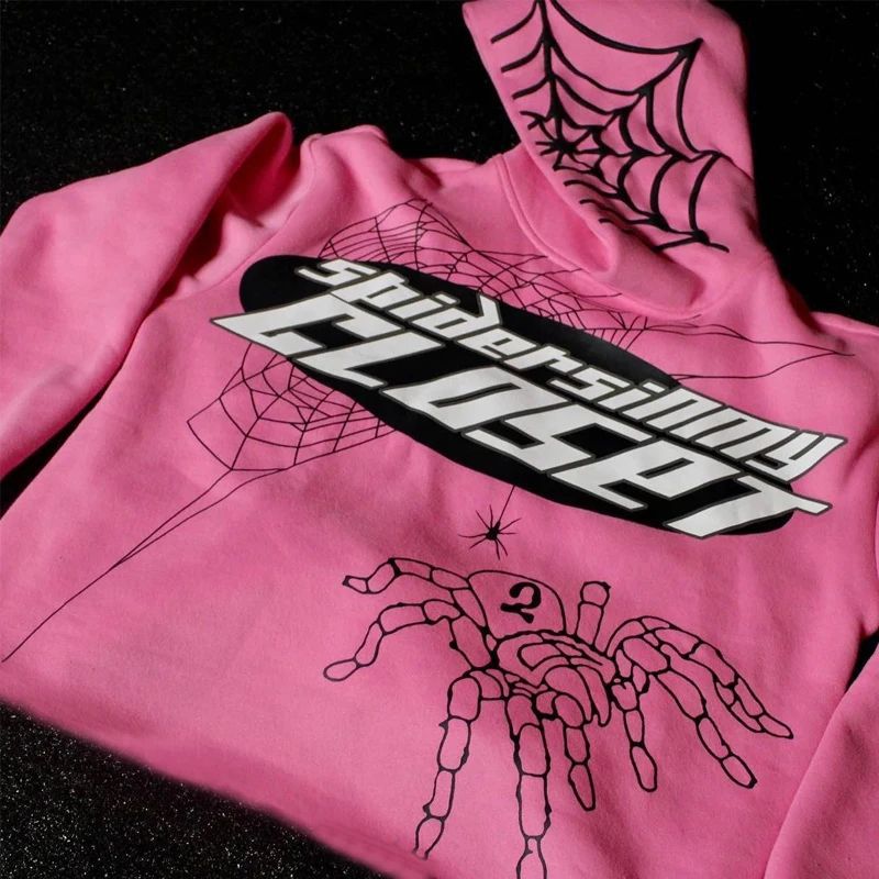 Style Spider Web Print Loose Street Pink Unisex Hoodie