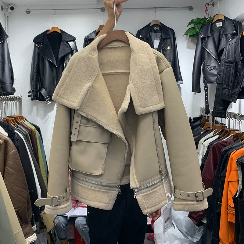 Motorcycle Merino wool fur coat women's autumn and winter short warm thin fur one coat winter
