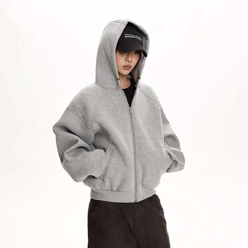 Hooded Zip-Up Hoodie for Women, Casual Loose Fit, Clean Fit, Short Length