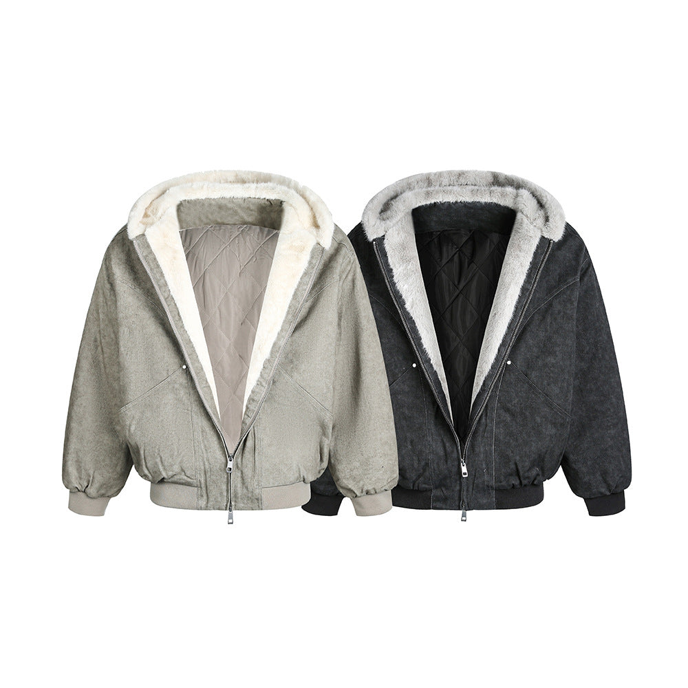 Solid color hooded winter couple jacket