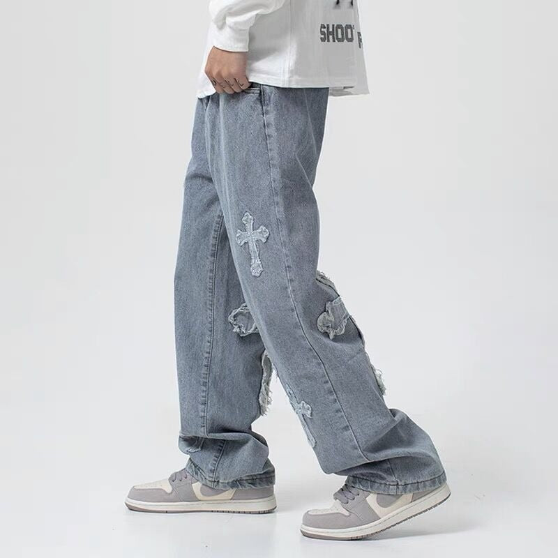 Cross patch hip-hop jeans, men's trendy brand Pi Shuai, explosive street straight tube loose wide leg long pants