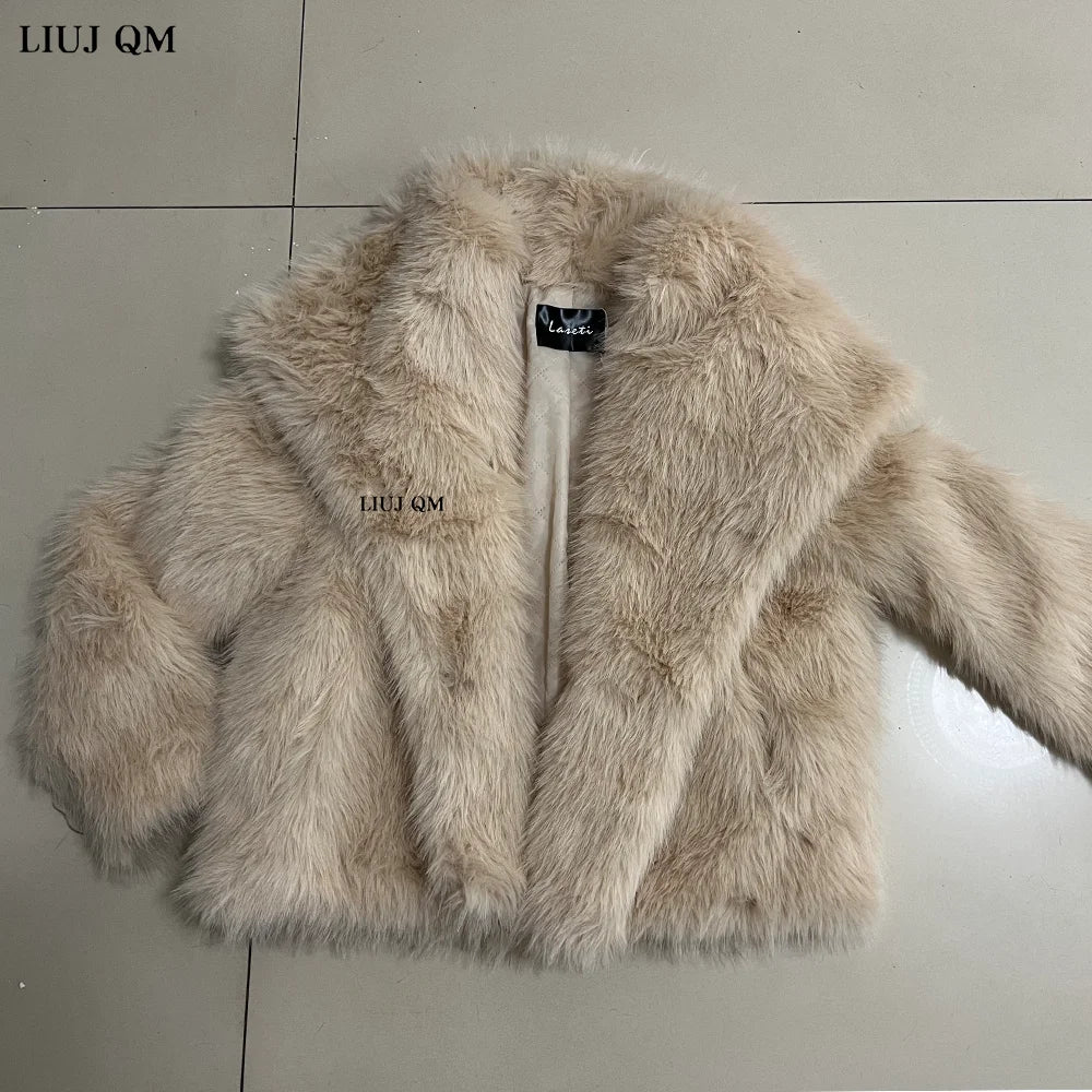 Women Fluffy Jacket Winter Clothes Short Faux-Fox Fur Coats Korea Lapel Casual Black Outwear Female Thick Warm Plush Overcoat