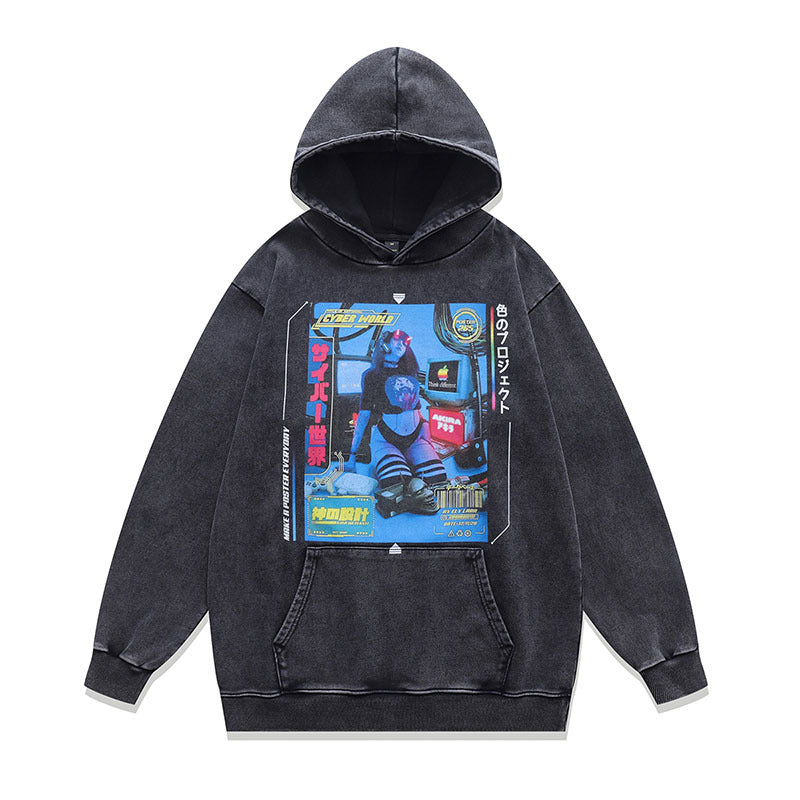 Direct Spray Print Loose Pure Cotton Washed Vintage Hoodie