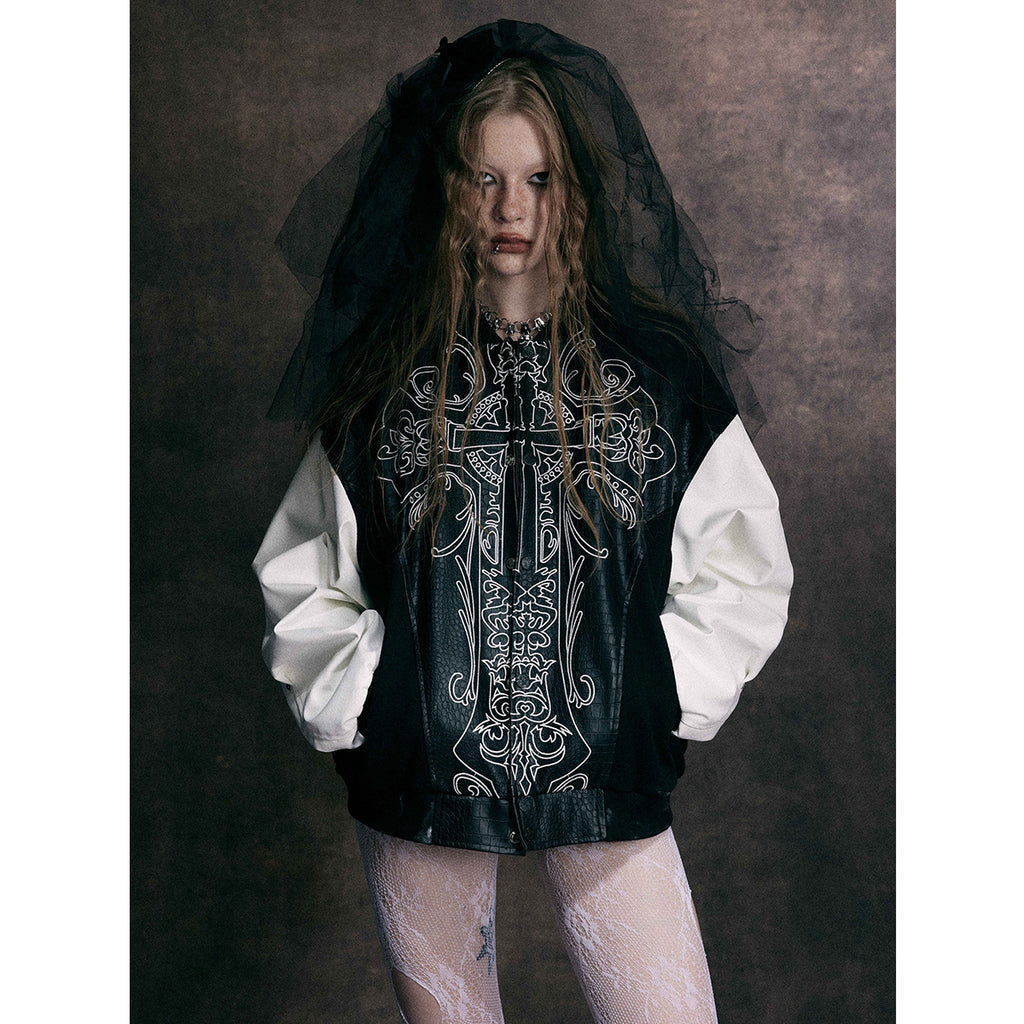 Cross embroidered patchwork leather jacket