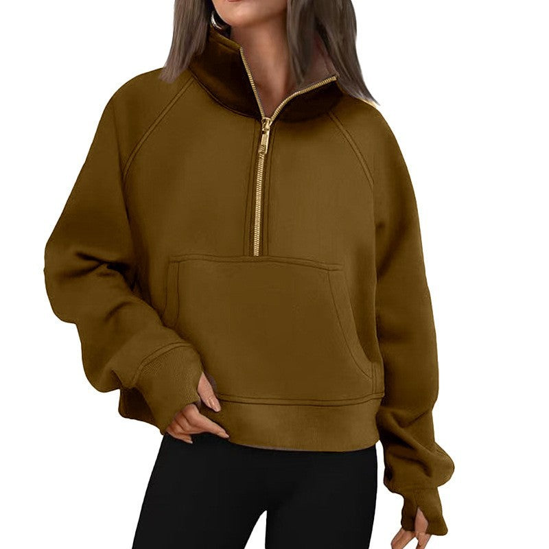 Fashionable Women's Autumn/Winter Fleece Pullover with Raglan Sleeves Loose Fit Stand-Up Collar Half-Zip Hoodie