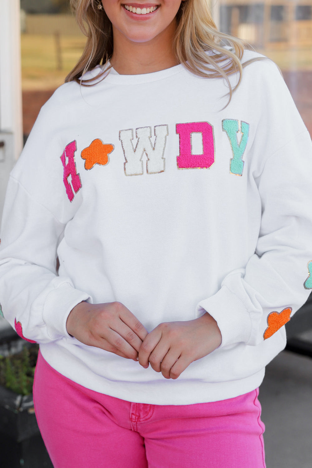 Black Howdy Glitter Chenille Patch Graphic Casual Sweatshirt