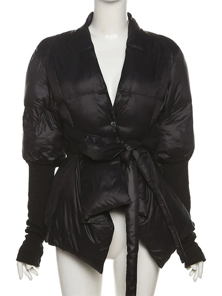 Black Winter Coat For Women V Neck Long Sleeve Solid Straight Casual Cotton Coats Female Korean Fashion Clothes New