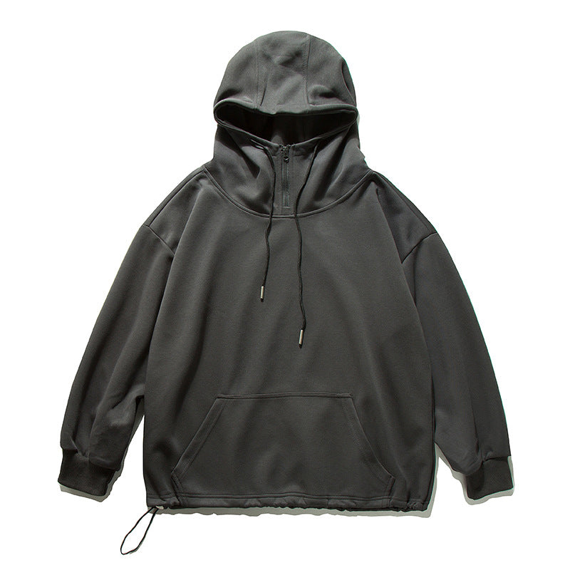 Solid Color Half-Zip Drawstring Pocket Casual Loose Hoodie
