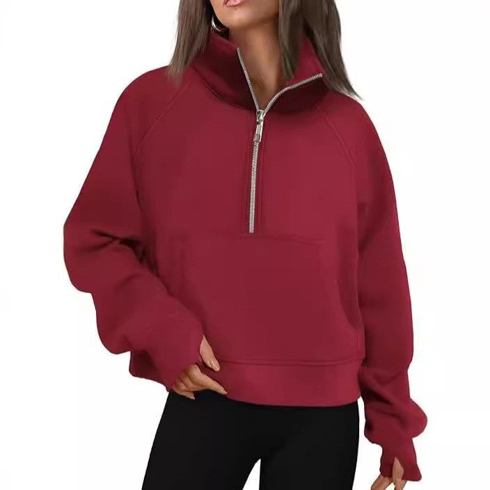 Fashionable Women's Autumn/Winter Fleece Pullover with Raglan Sleeves Loose Fit Stand-Up Collar Half-Zip Hoodie