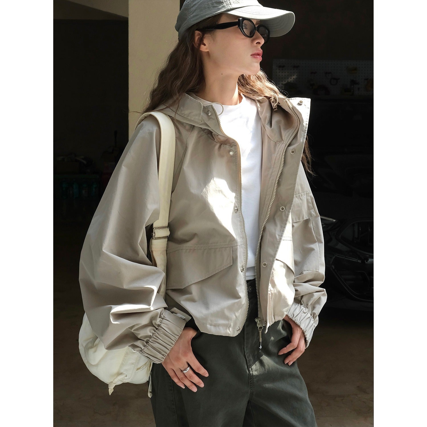 Japanese outdoor style stand up collar hooded jacket loose silhouette slimming casual jacket for women