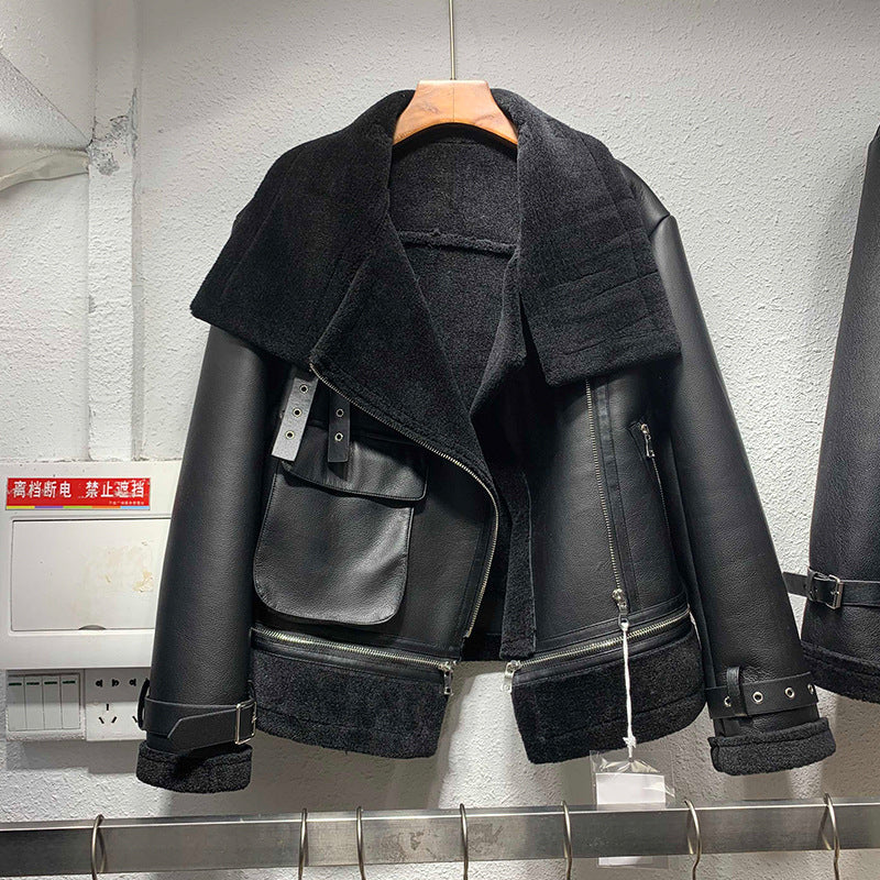 Motorcycle Merino wool fur coat women's autumn and winter short warm thin fur one coat winter