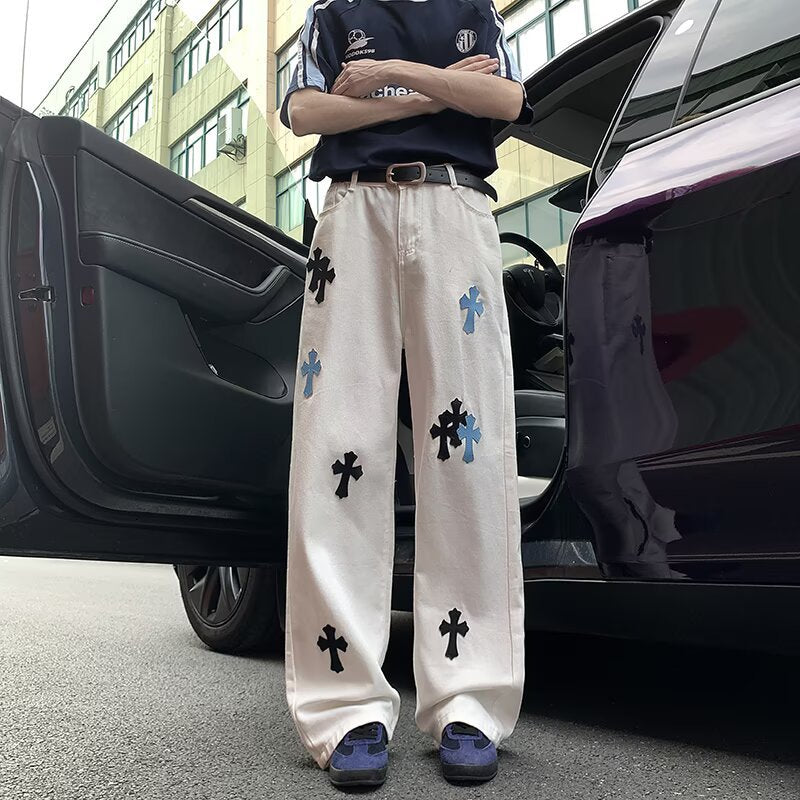 White ripped jeans men's summer cross straight leg loose and versatile wide leg pants