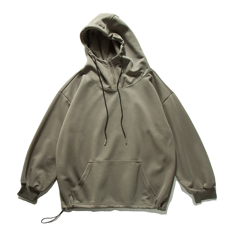 Solid Color Half-Zip Drawstring Pocket Casual Loose Hoodie
