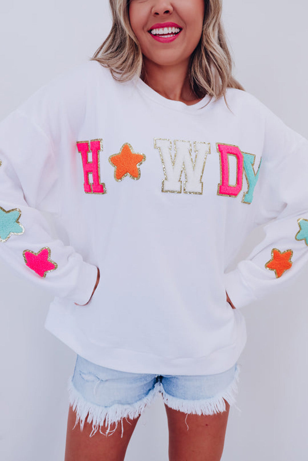 Black Howdy Glitter Chenille Patch Graphic Casual Sweatshirt