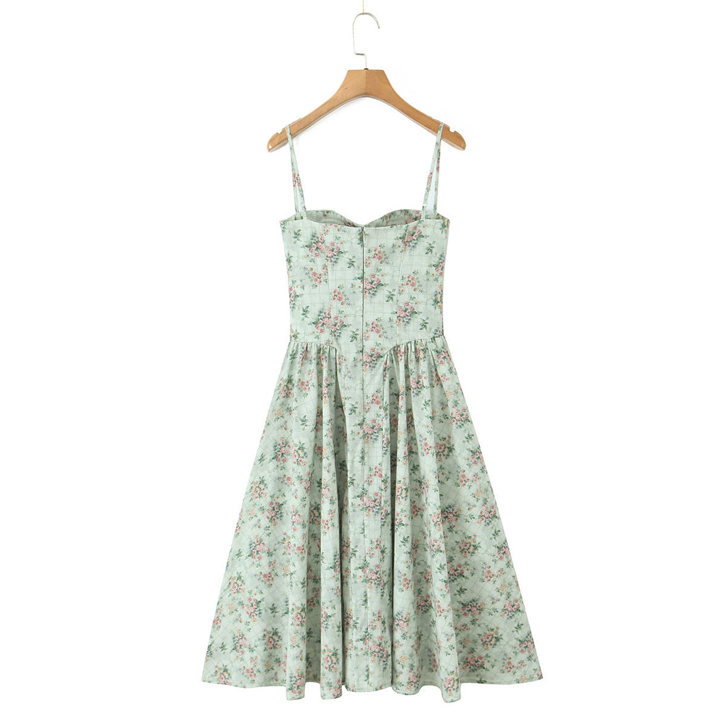 Green Floral Print Pleated Strapless Dress