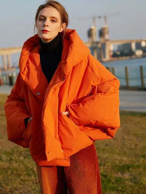 Winter Women's Parkas Fashion Tide Loose Fluffy Orange Red Oversized Down Jacket New Hooded Long Sleeve Warm Coats