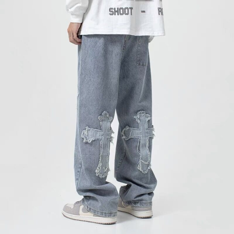 Cross patch hip-hop jeans, men's trendy brand Pi Shuai, explosive street straight tube loose wide leg long pants