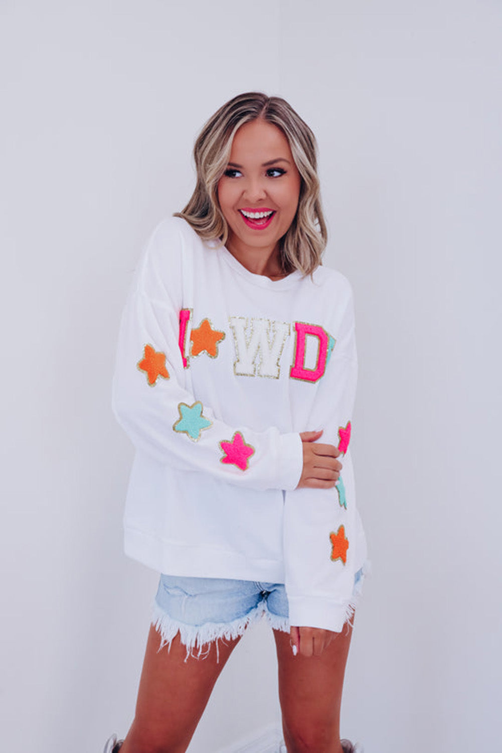 Black Howdy Glitter Chenille Patch Graphic Casual Sweatshirt