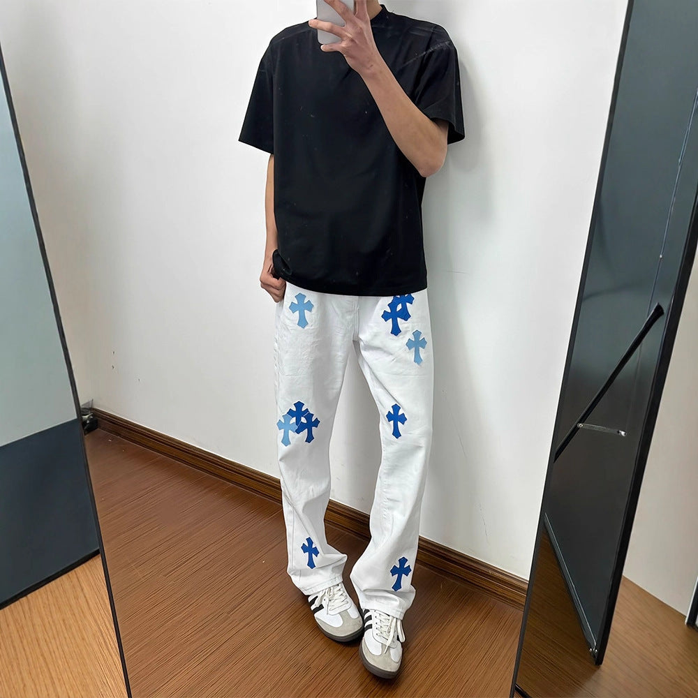 Street Style White Flared Jeans for Men, Autumn Fashion Brand Cross Pendant Pants Slim Fit Straight Leg Tapered Design