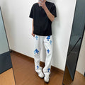 Street Style White Flared Jeans for Men, Autumn Fashion Brand Cross Pendant Pants Slim Fit Straight Leg Tapered Design