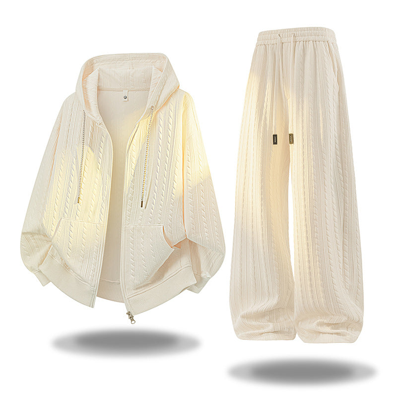 Textured Casual Sportswear Set for Men and WomenOpen Front Hoodie and Sweatpants Two-Piece Set