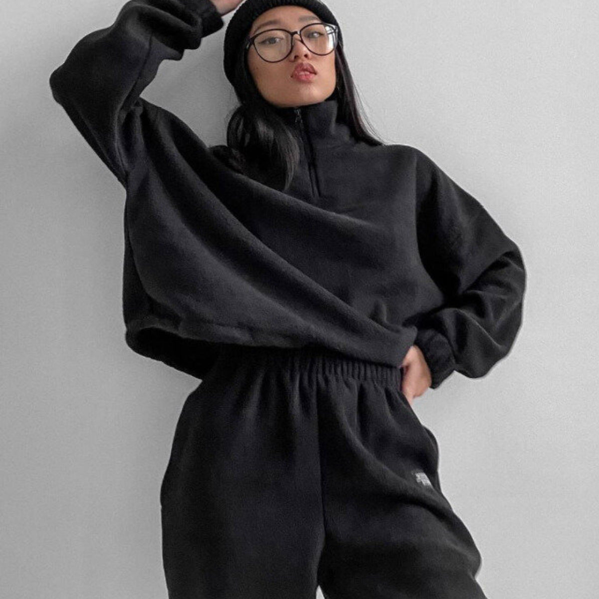 Fashion Casual Loose Zipper Stand Collar Hoodie Two-Piece Set for Women