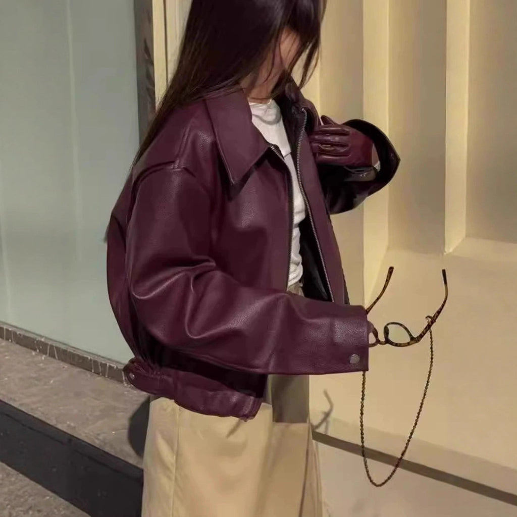 PU leather jacket loose jacket women's zipper leather jacket