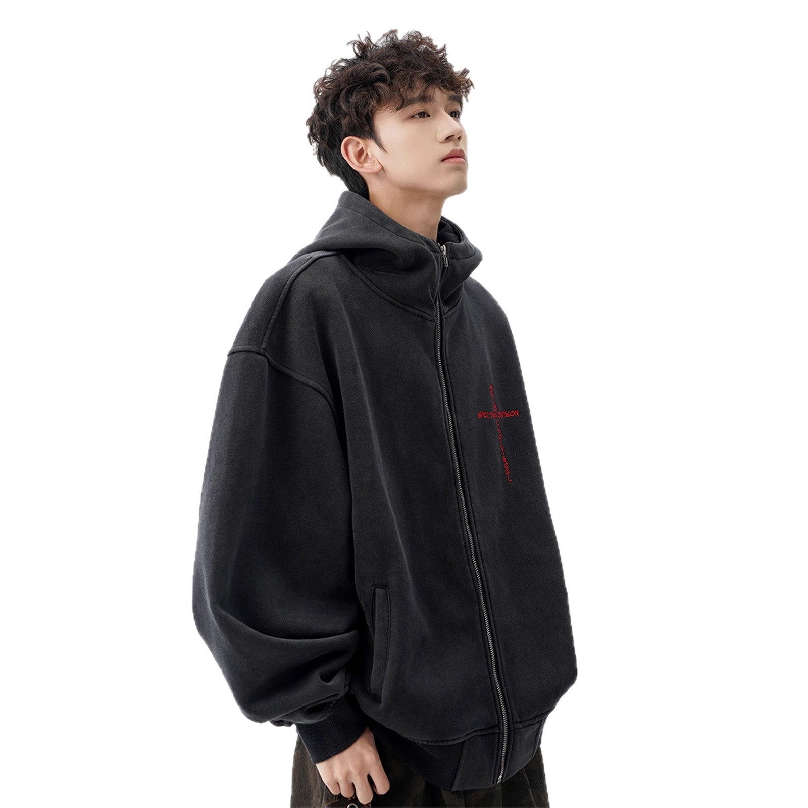 Street Style Heavyweight Washed Hoodie for Men and Women, Trendy Brand, Devil Design Zip-Up Jacket