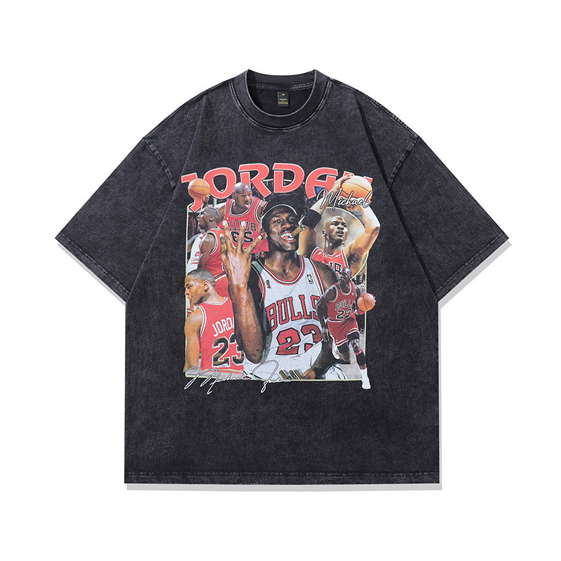 American Star Player Print Short Sleeve T-Shirt Street Hip Hop Retro Vintage Washed Heavyweight Pure Cotton Tee Men