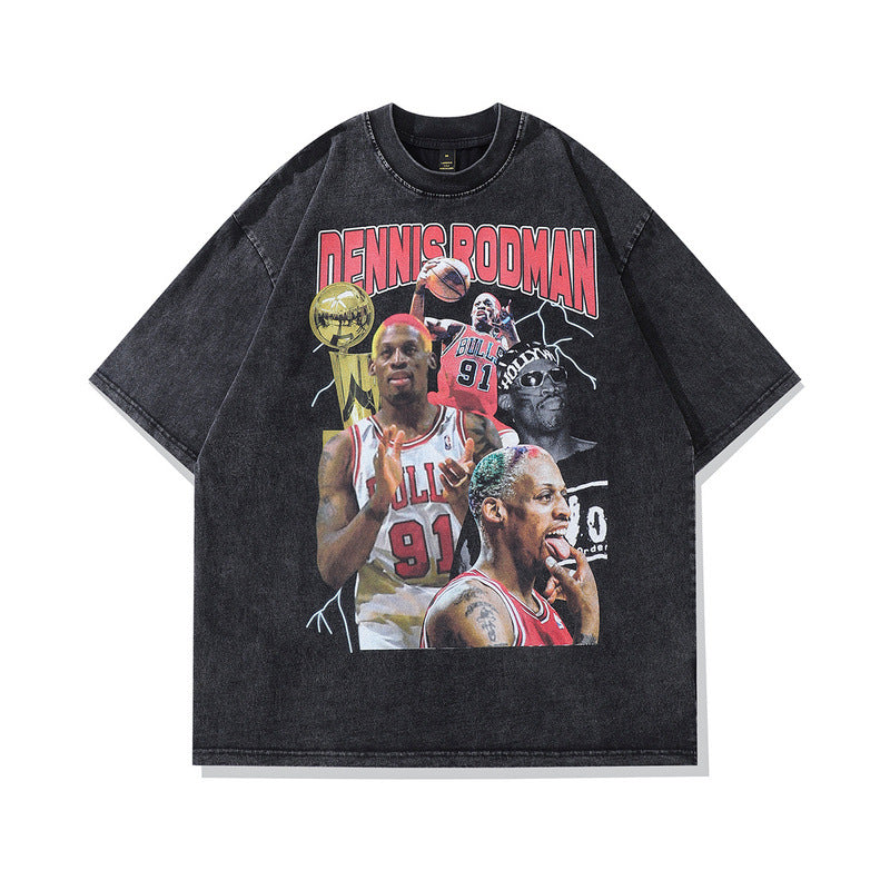 American Star Player Print Short Sleeve T-Shirt Street Hip Hop Retro Vintage Washed Heavyweight Pure Cotton Tee Men