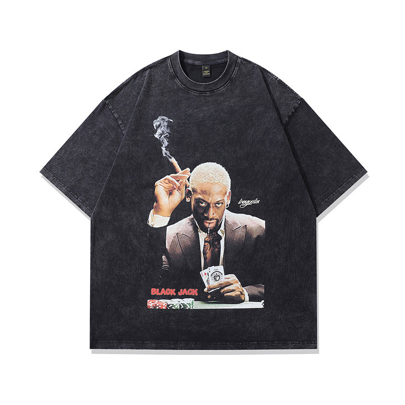 American Star Player Print Short Sleeve T-Shirt Street Hip Hop Retro Vintage Washed Heavyweight Pure Cotton Tee Men