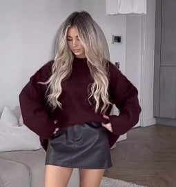 Women's  Deep Burgundy Long Sleeve Fleece Round Neck Pullover Sweater