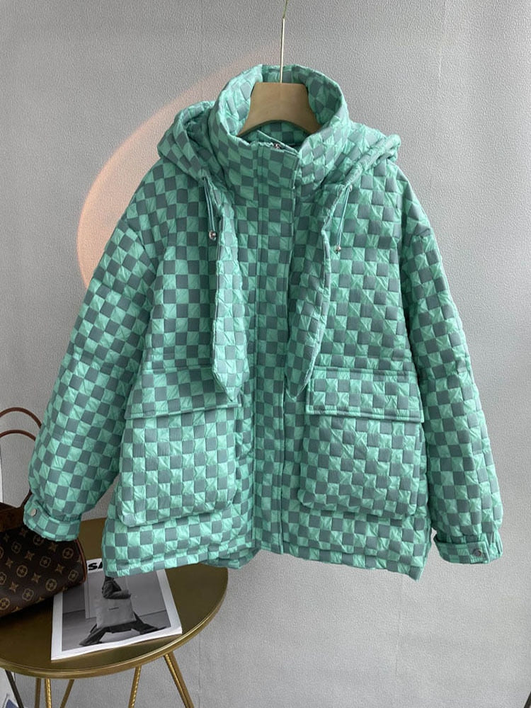 Korean Plaid Down Jacket For Women Jacquard Thick Duck Down Zip Up Hooded Jacket For Winter Puffer Outwear