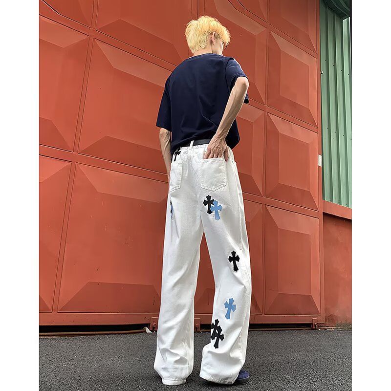 White ripped jeans men's summer cross straight leg loose and versatile wide leg pants