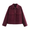Fashionable burgundy large pocket zipper woolen coat