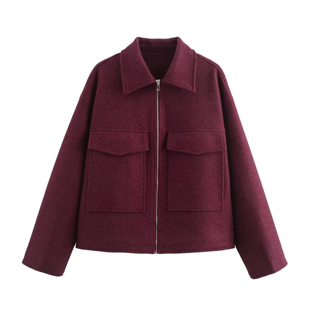 Fashionable burgundy large pocket zipper woolen coat