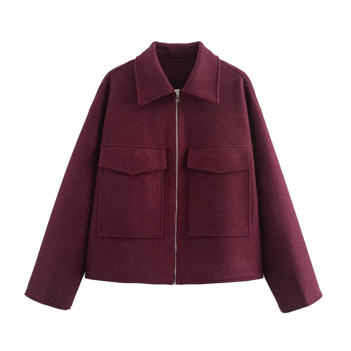 Fashionable burgundy large pocket zipper woolen coat
