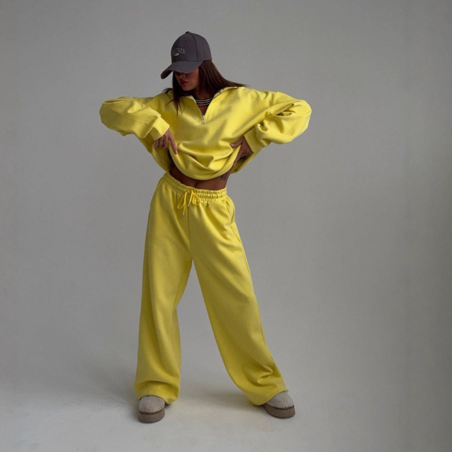 Fashion Half-Open Neck Long Sleeve Hoodie and Pants Casual Set Oversized Pullover with Tie Waist Sweatpants Two-Piece Set, Cotton