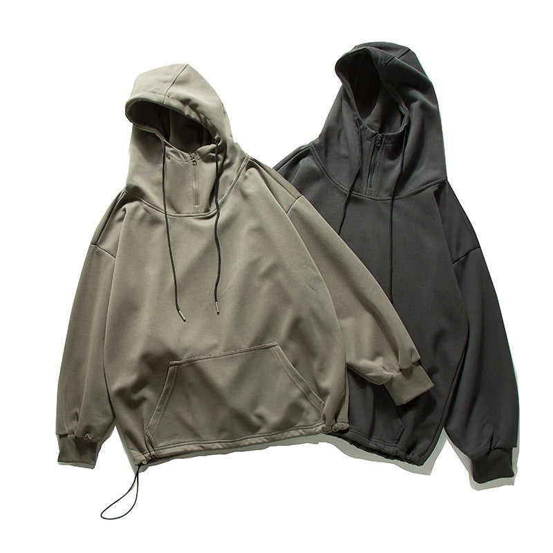 Solid Color Half-Zip Drawstring Pocket Casual Loose Hoodie