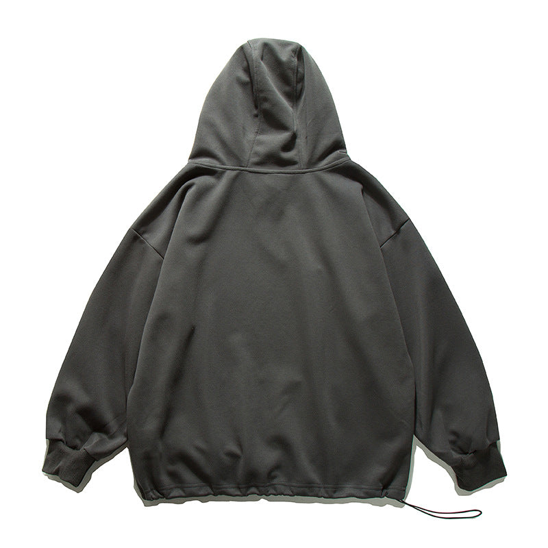 Solid Color Half-Zip Drawstring Pocket Casual Loose Hoodie